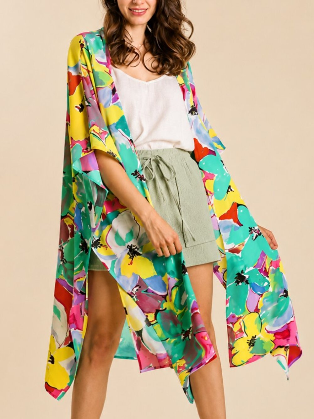 UMGEE New Emerald Mix Vibrant Floral Open Front Longline Kimono SZ 1XL 2XL Boho - Picture 4 of 9
